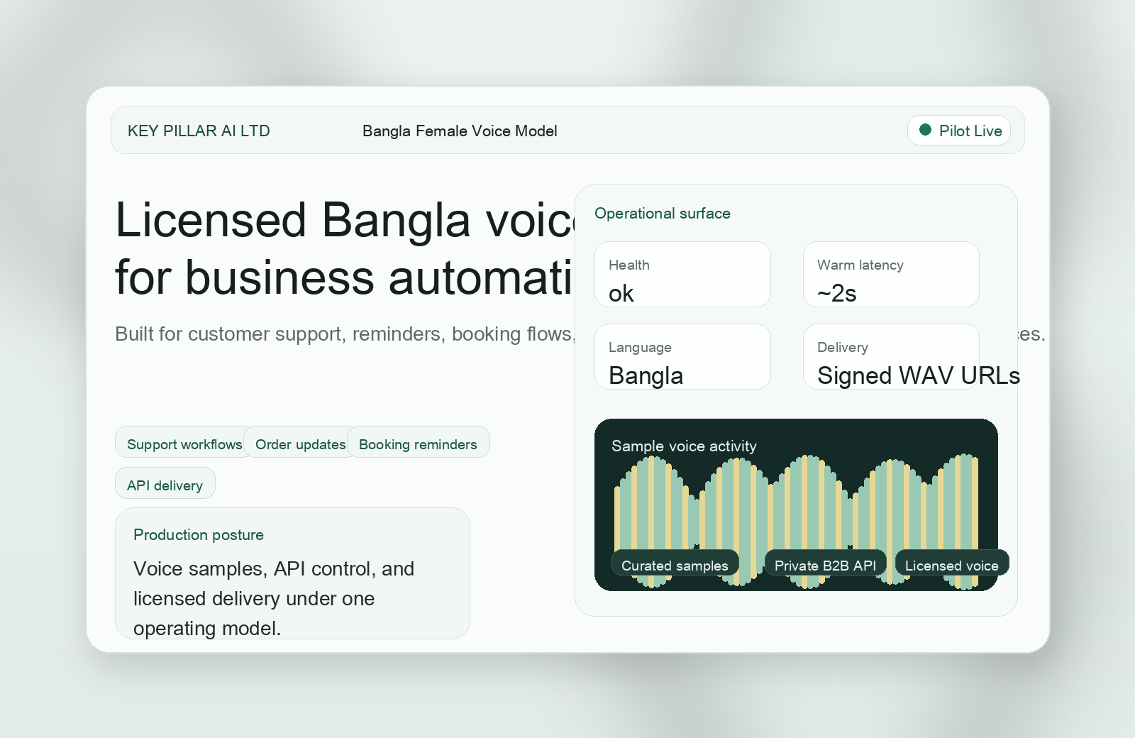 Key Pillar AI Voice product surface showing monitoring, waveform activity, and business voice delivery context.